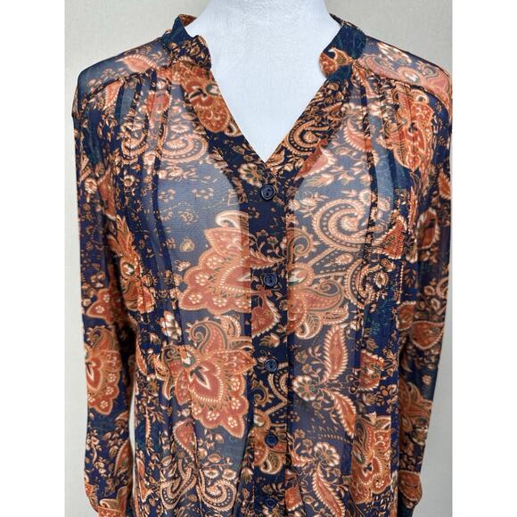 PerSeption Concepts XL Navy Blue Orange Button front V-neck Sheer Blouse Top - Picture 2 of 15